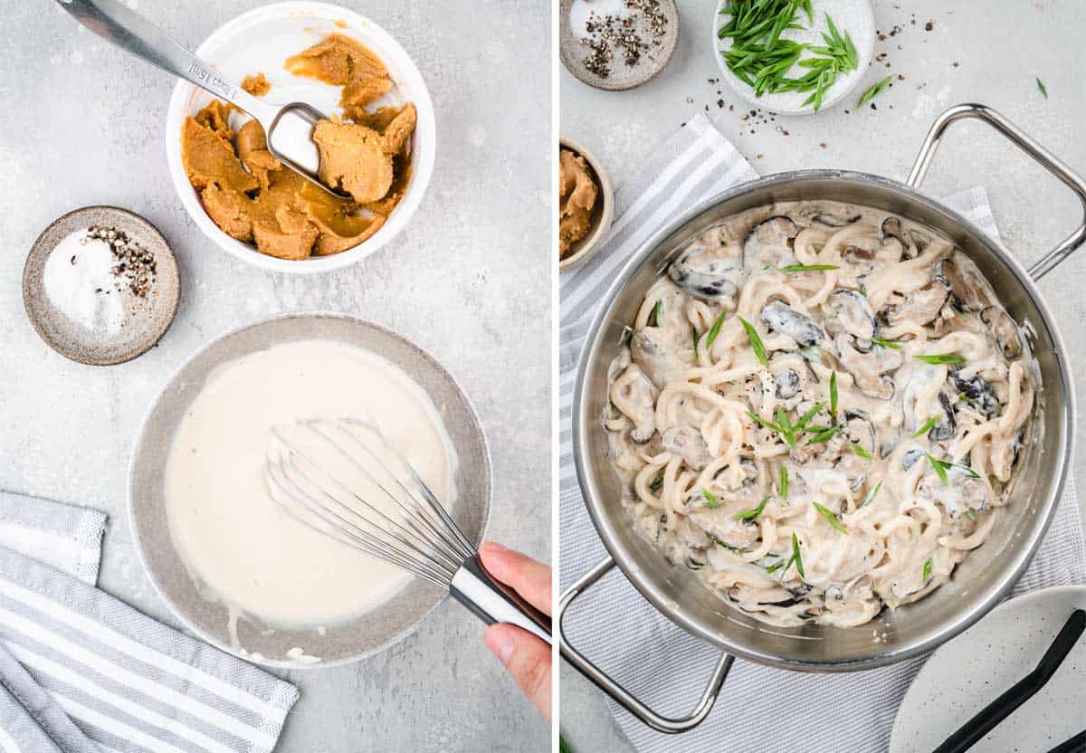 A collage shows how to make the sauce for creamy mushroom udon