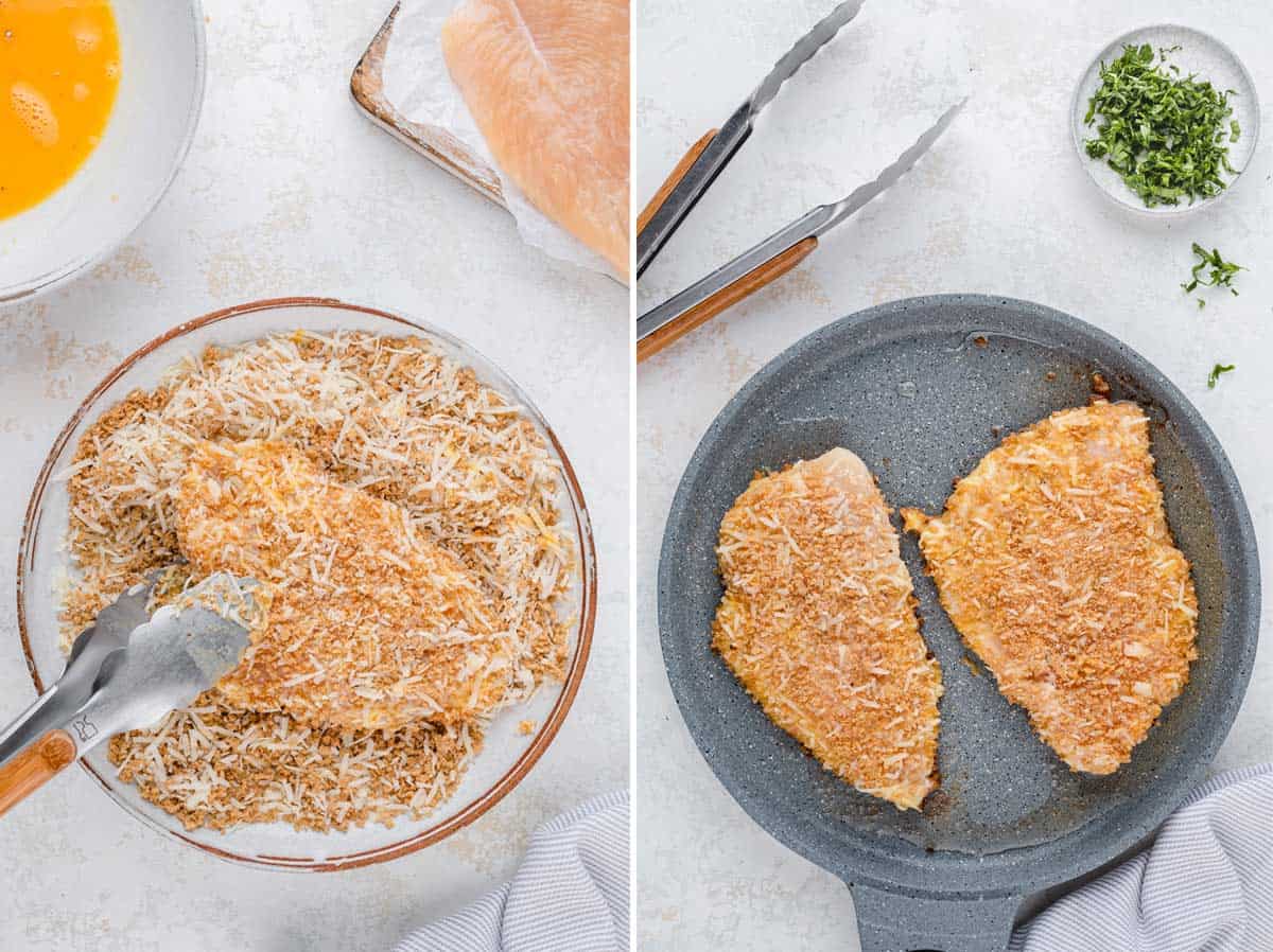 A collage shows how to cook Romano breaded chicken