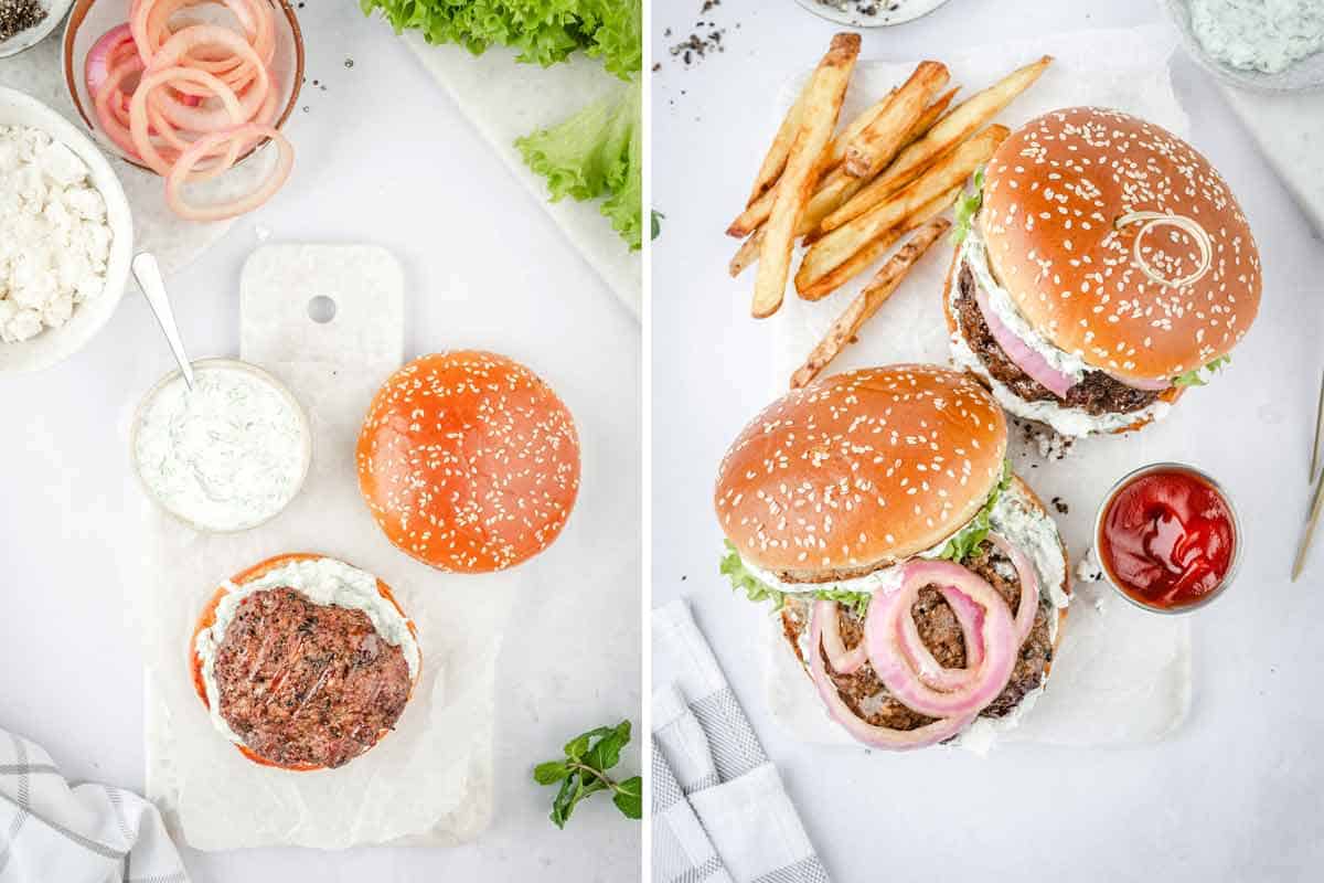 2 image collage to show how to assemble the lamb burger