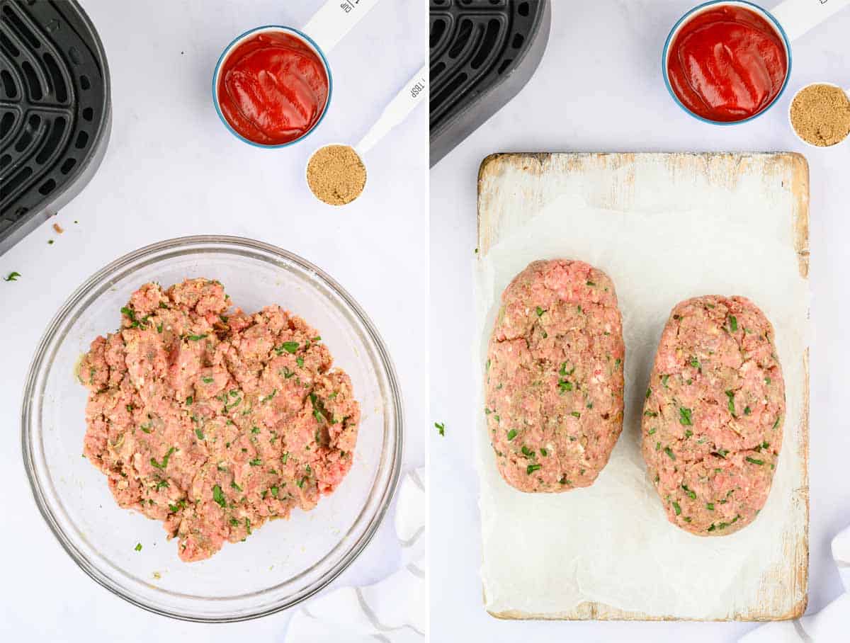 A collage shows how to make meatloaf in air fryer