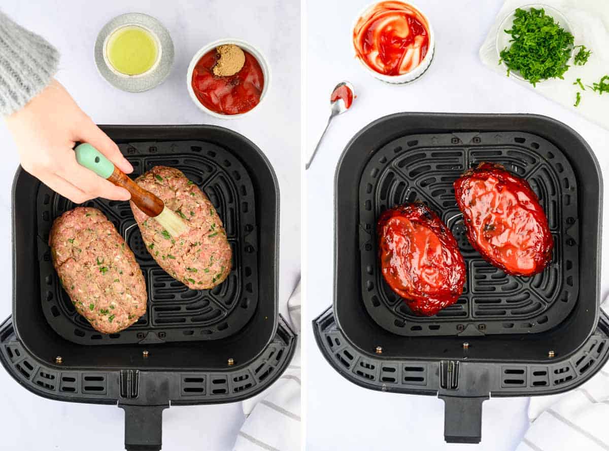 A collage image shows how to cook meatloaf in air fryer 