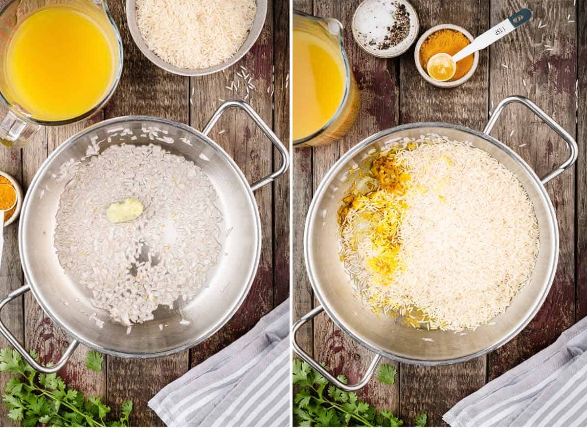 A collage shows how to make garlic turmeric rice