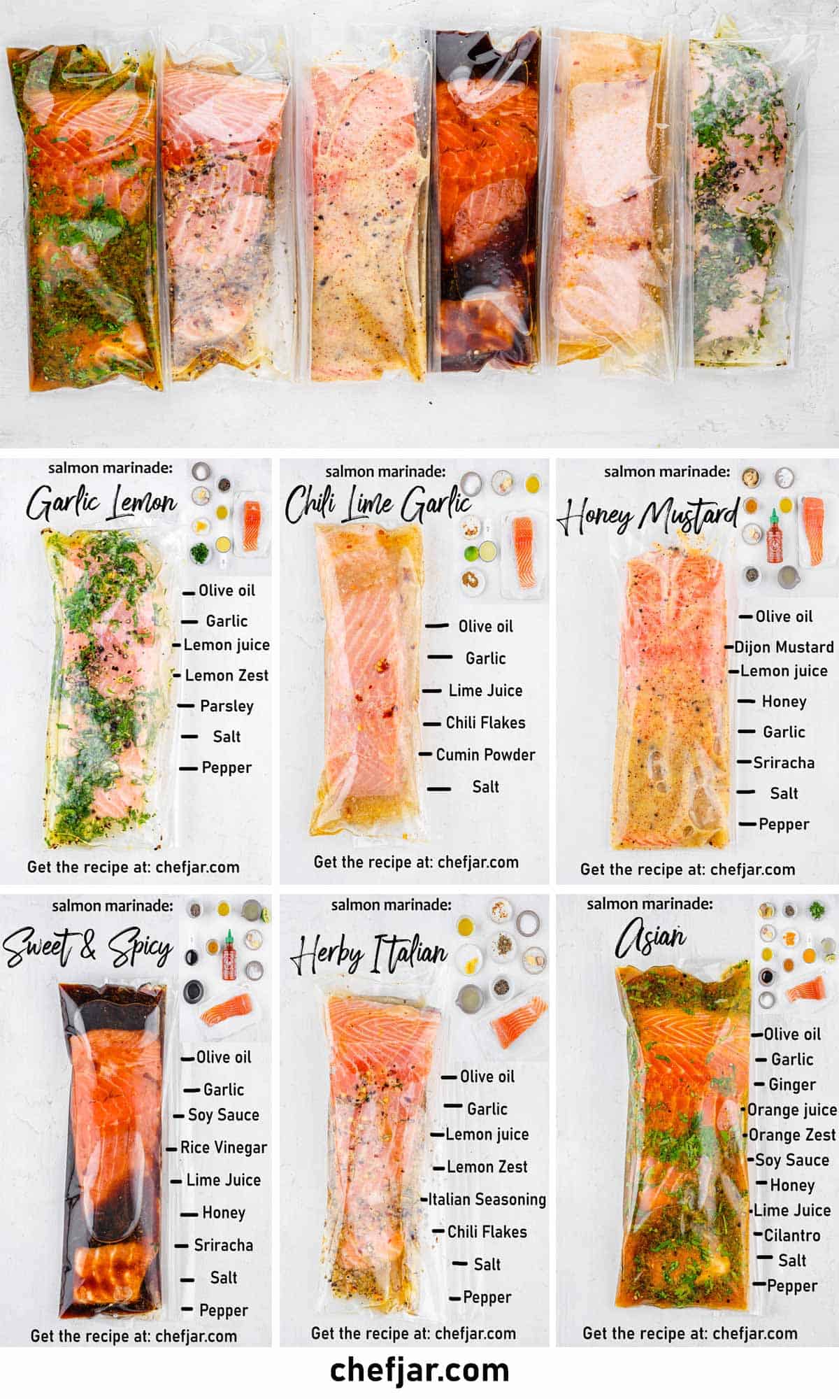 a collage with six salmon marinades and ingredient lists