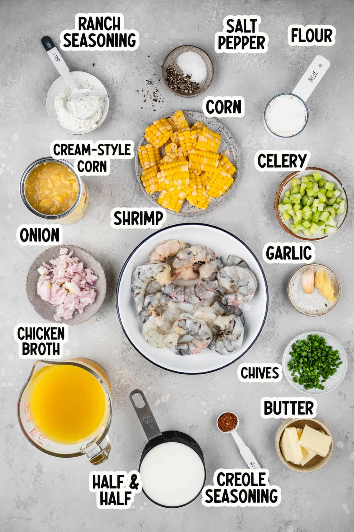 Ingredients to make shrimp and corn soup