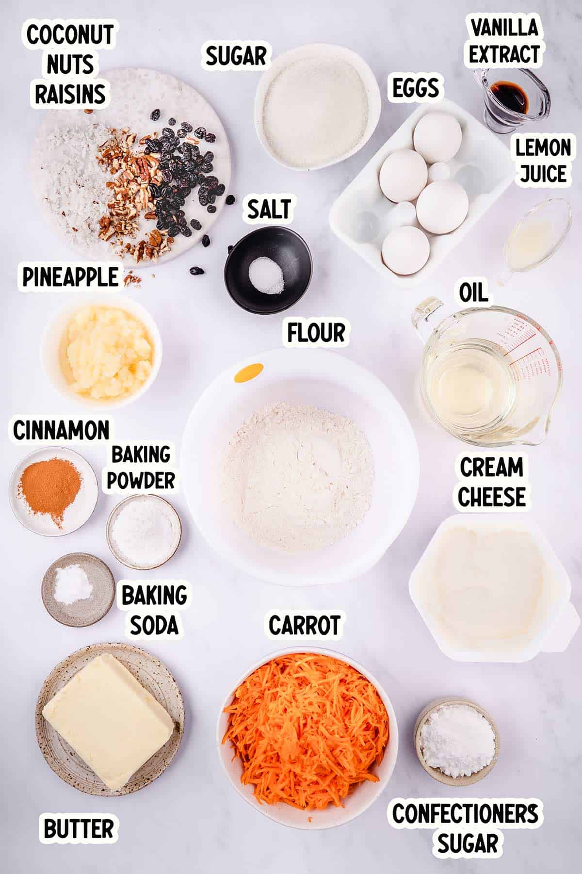 Ingredients for carrot cake with pineapple and coconut.