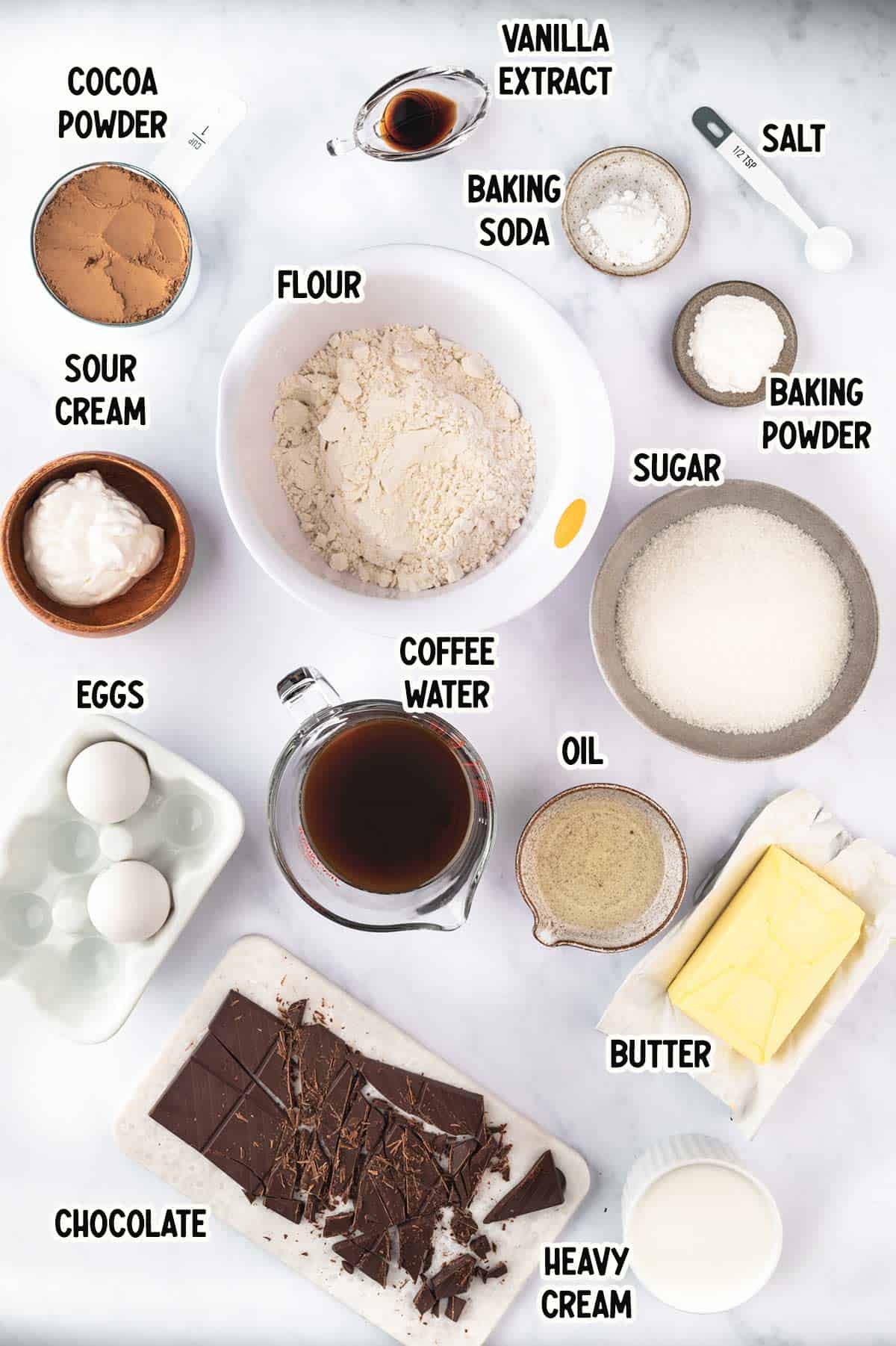 Ingredients for Chocolate Bundt cake.