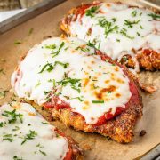 Chicken Parmesan on the baking sheet