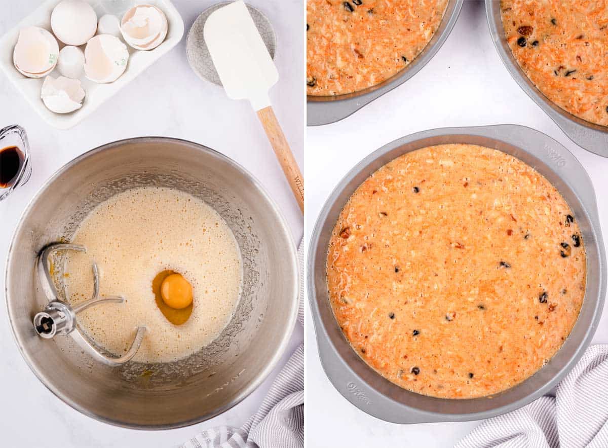 A collage shows how to make carrot cake with pineapple and coconut using a stand mixer from scratch.