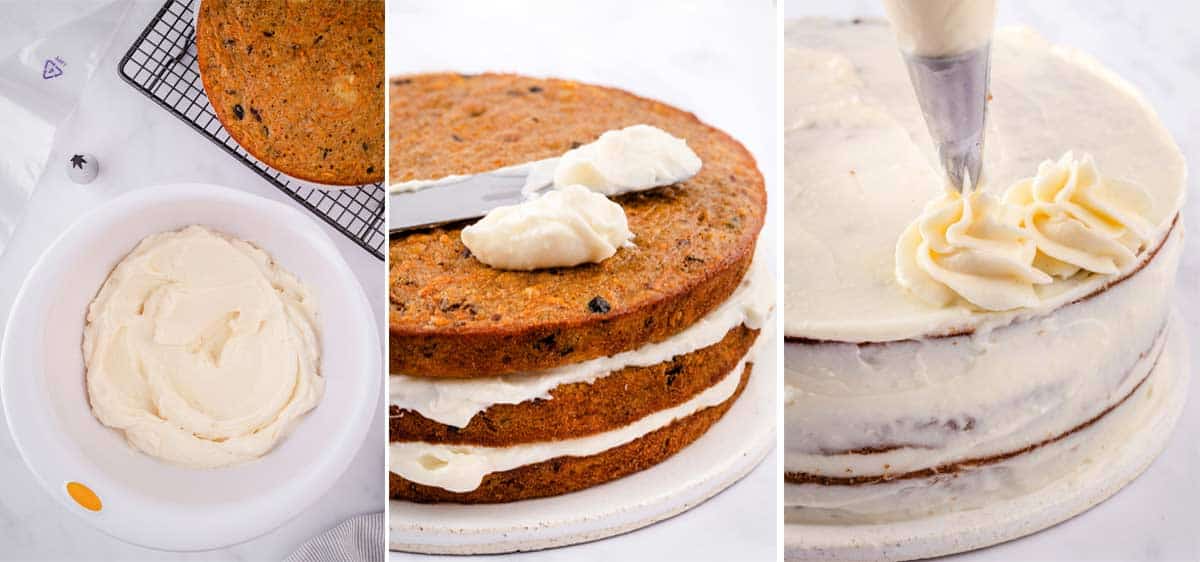 A collage shows how to assemble and decorate carrot cake with pineapple and coconut.