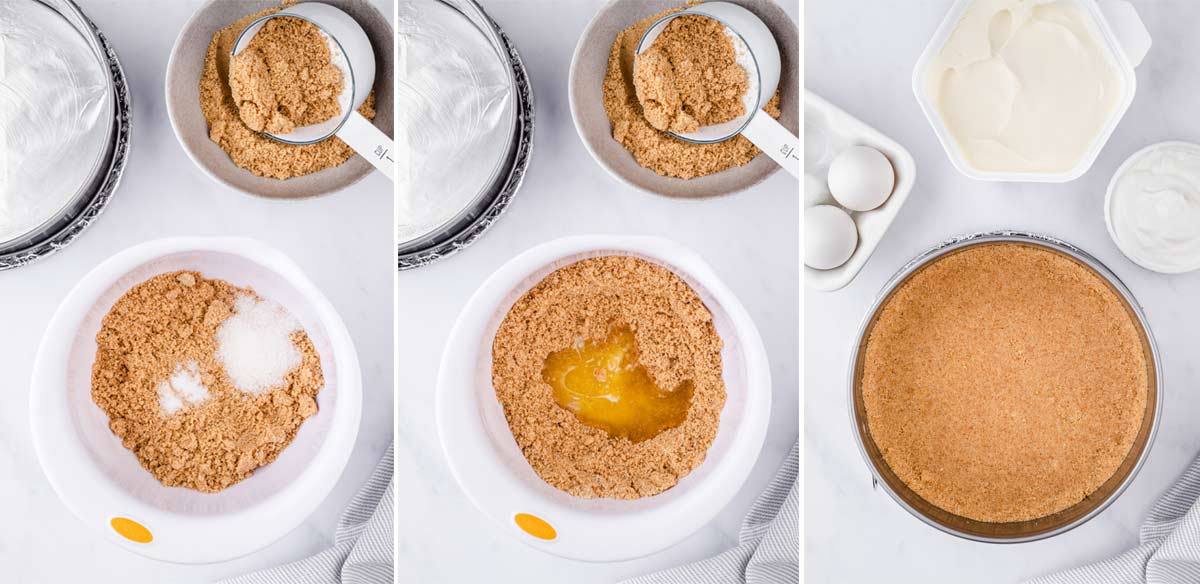 A collage shows how to make graham cracker crust.