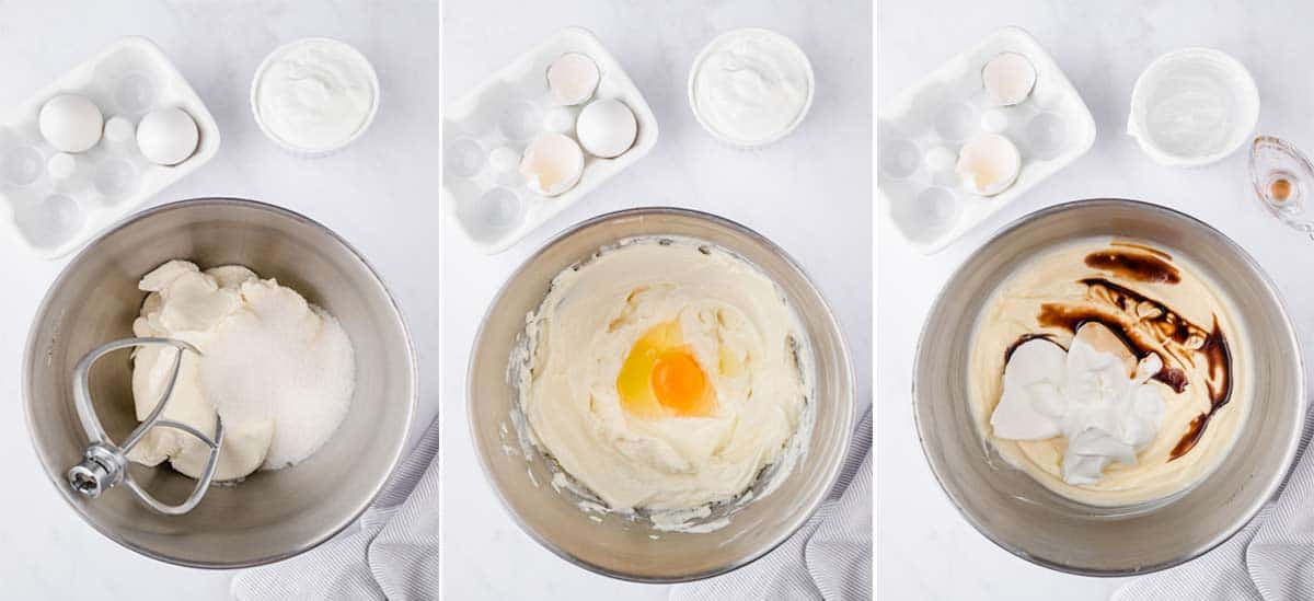 A collage shows how to make cheesecake filling.