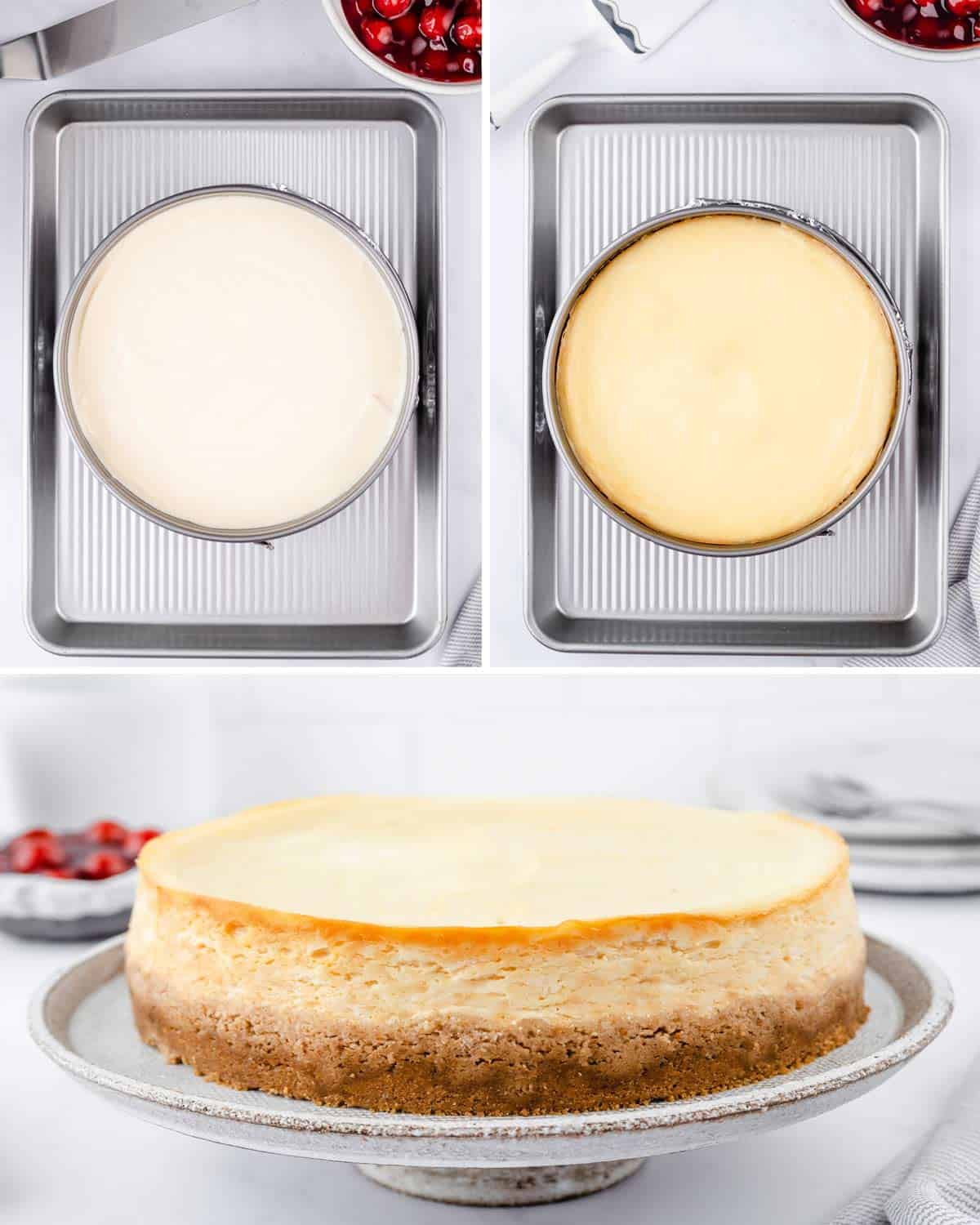 A collage shows how to bake cheesecake.