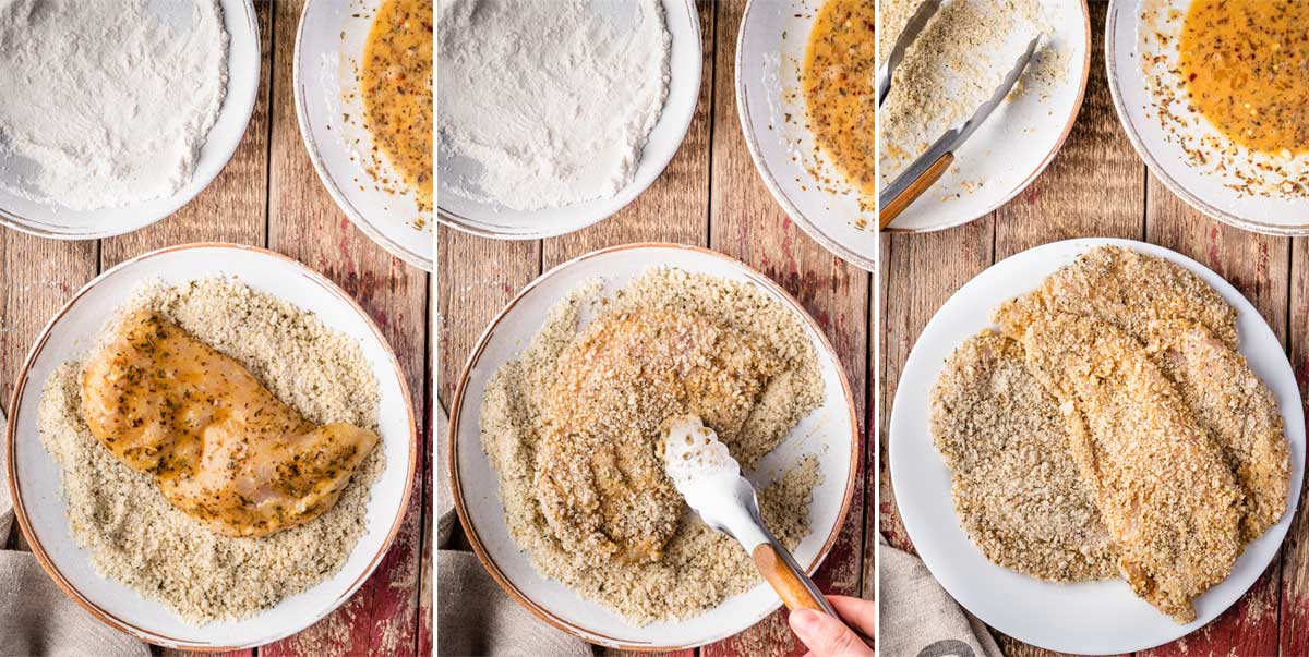 Three image collage shows how to make chicken parmesan.
