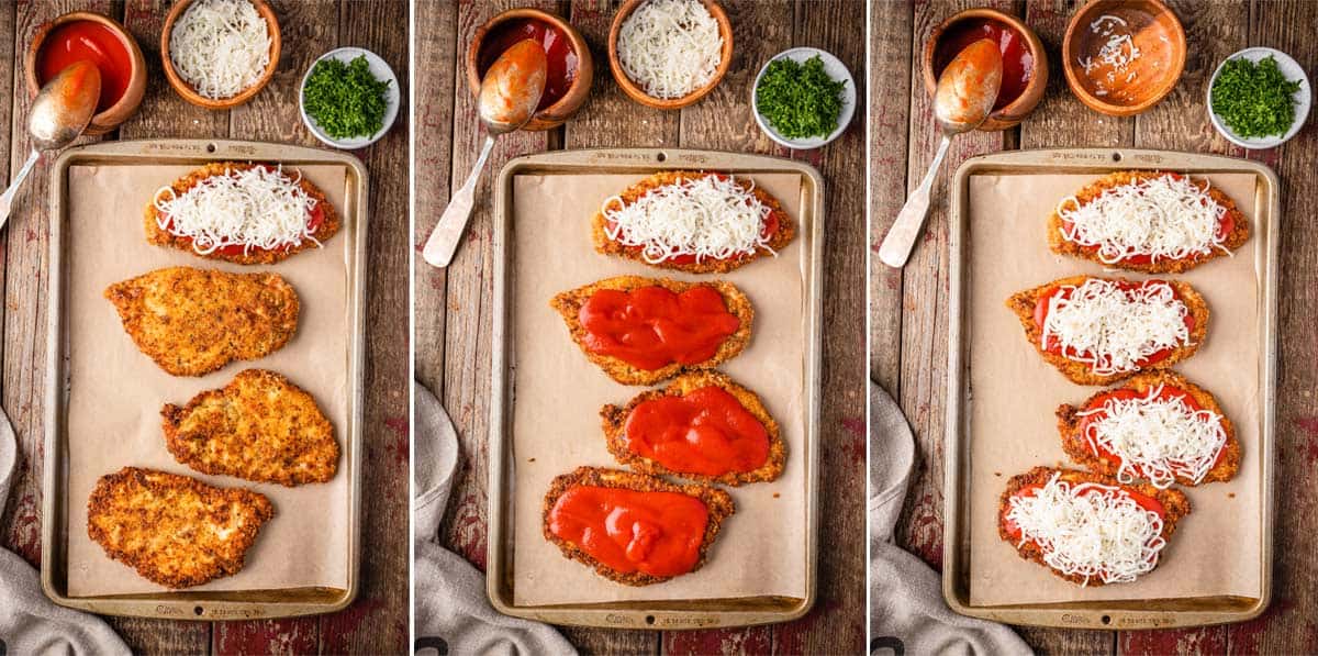 Three image collage shows how to top fried chicken cutlets with marinara sauce and mozzarella cheese to make chicken parmesan in the oven.