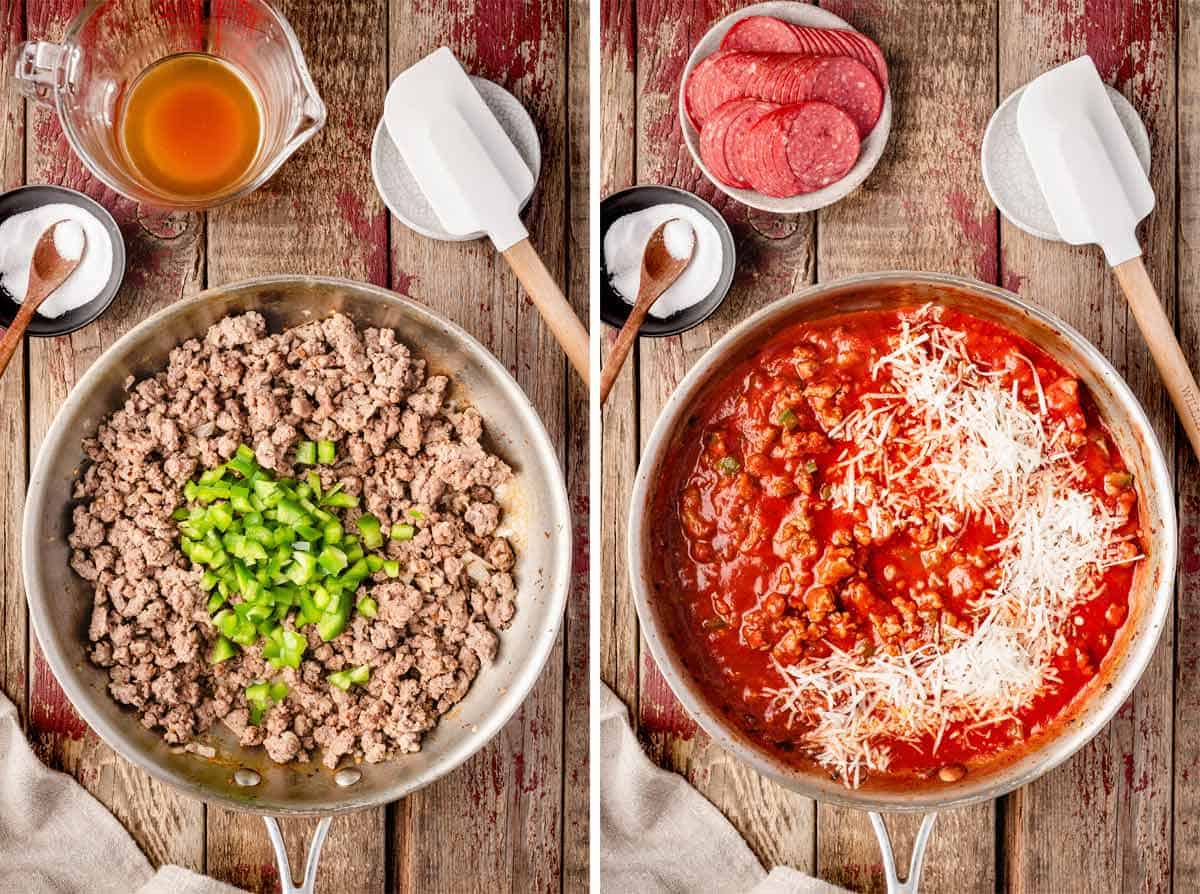 A collage shows how to make pizza pasta casserole.