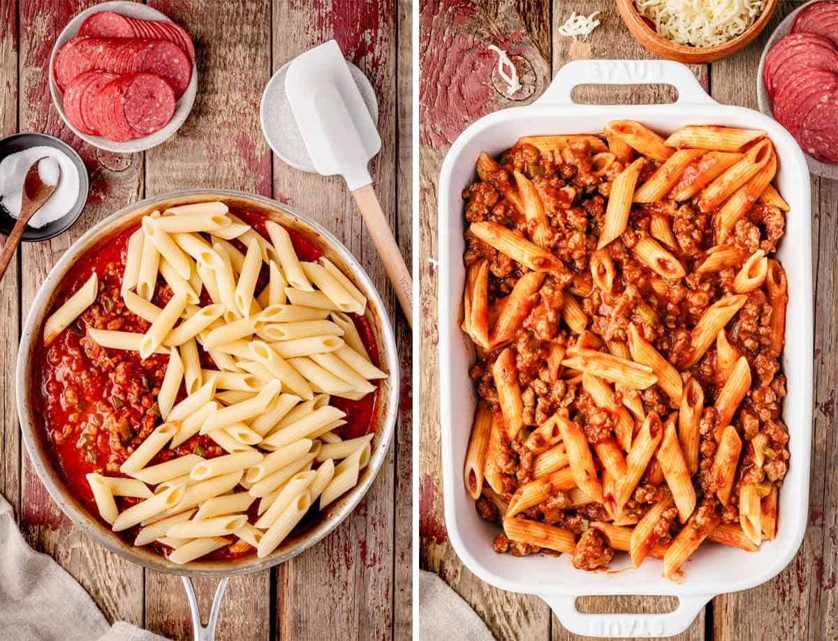 A collage shows how to assemble pizza pasta casserole.