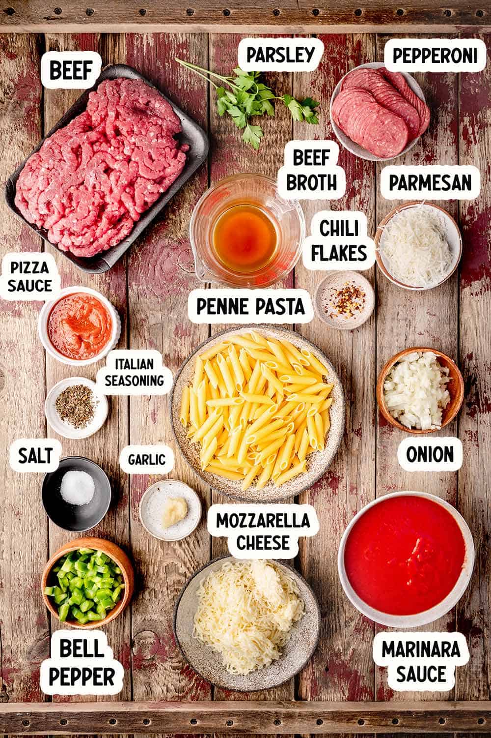 Ingredients to make pizza pasta casserole
