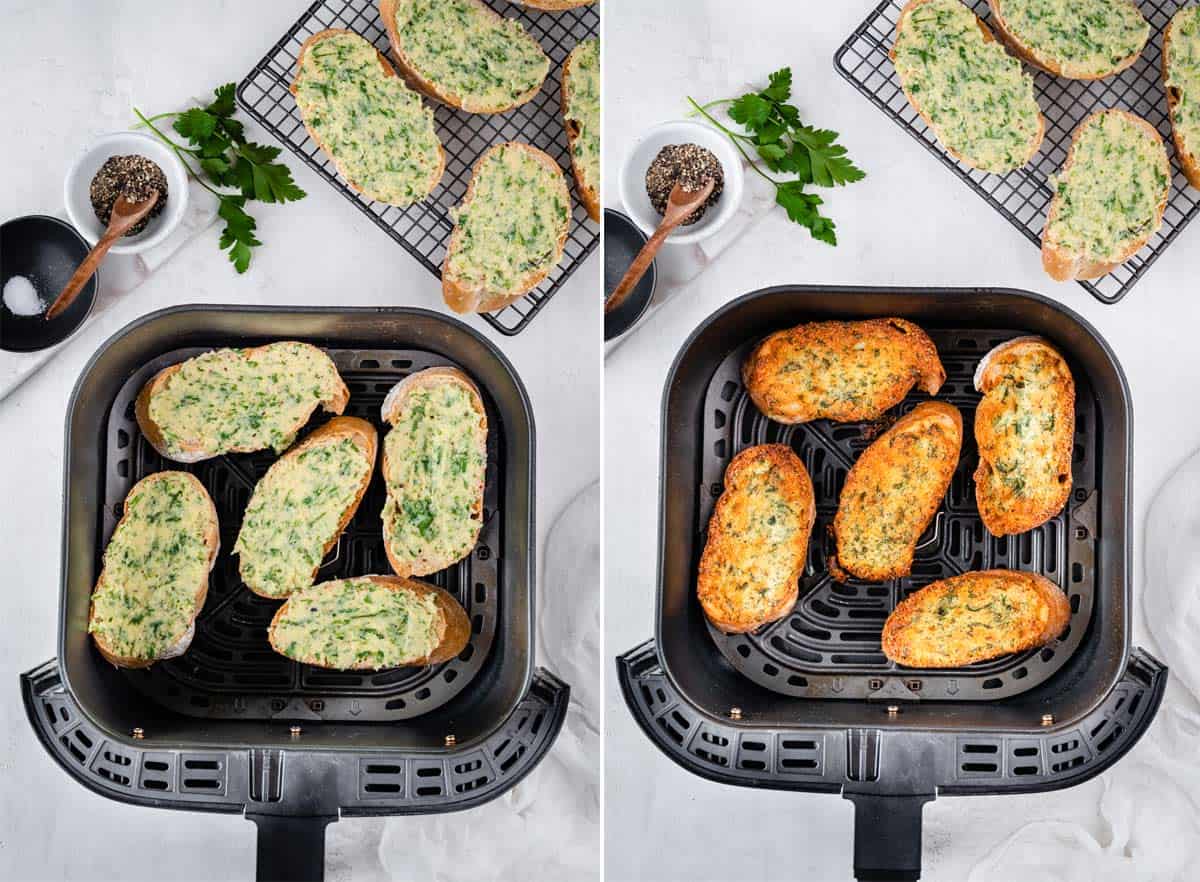 A collage shows how to make garlic bread in air fryer.