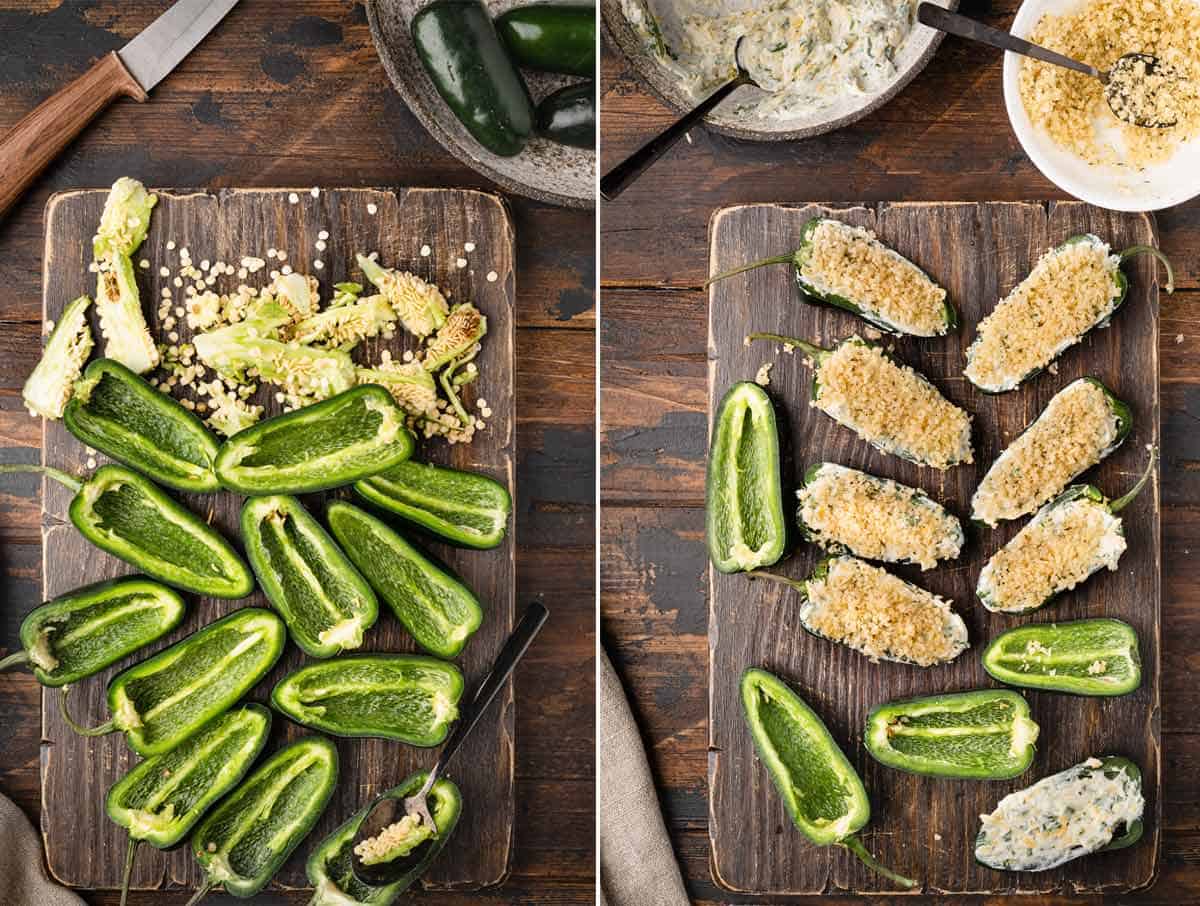A collage shows how to cut and scoop out the seeds out of jalapeno peppers.