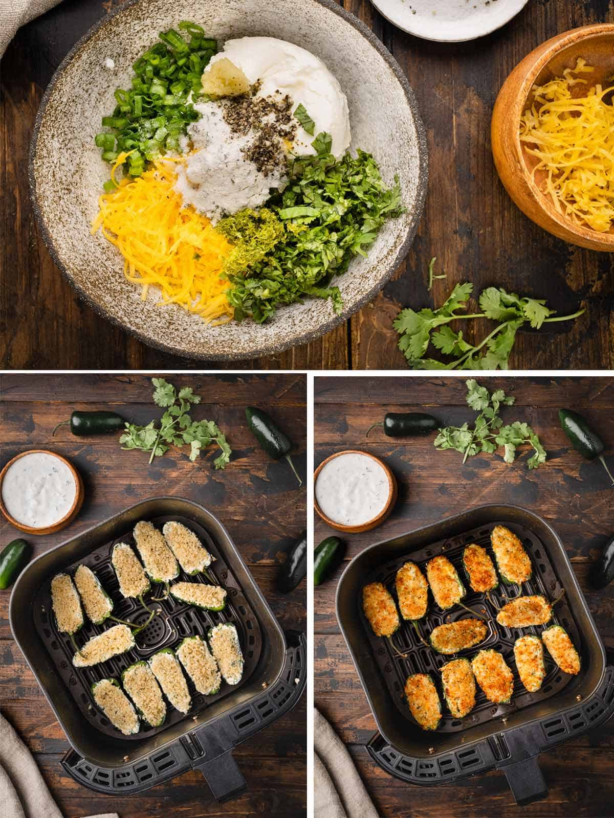 A collage shows how to cook stuffed jalapeno peppers in air fryer.