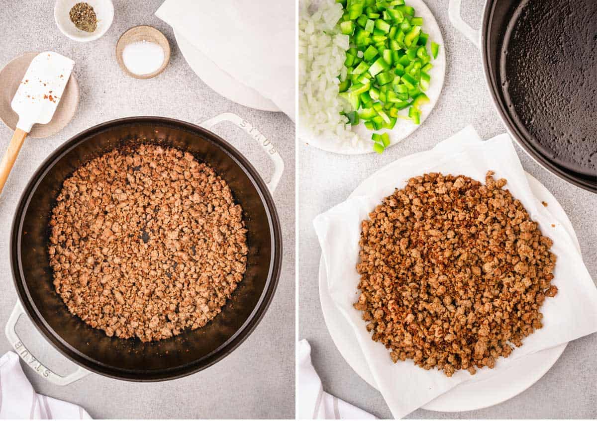 A two image collage  shows how to brown the ground lamb.