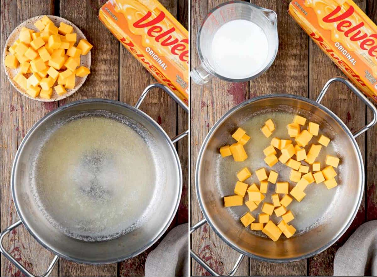A two image collage shows how to melt  Velveeta on the stove.