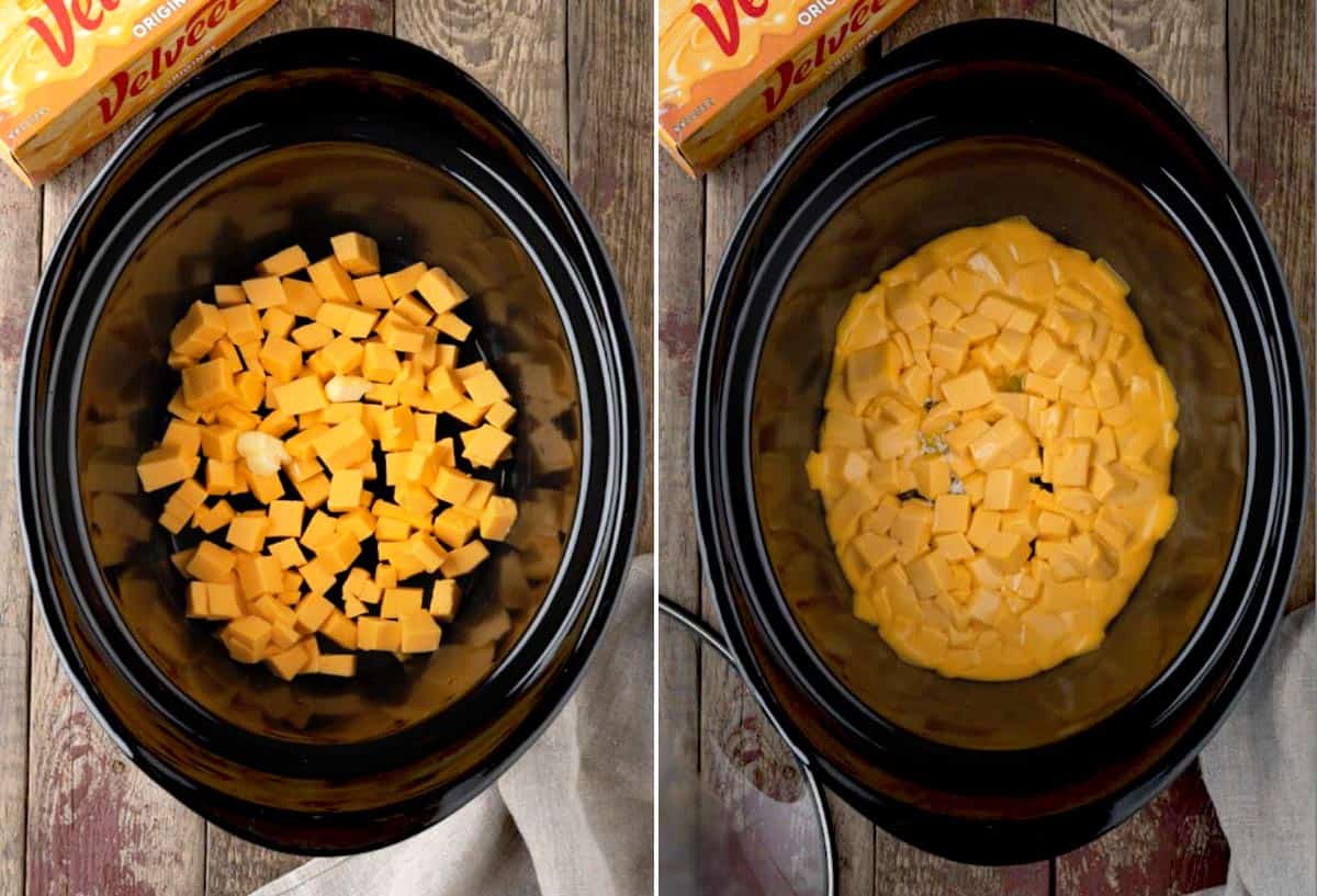 A two image collage shows how to melt Velveeta cheese in crock pot.
