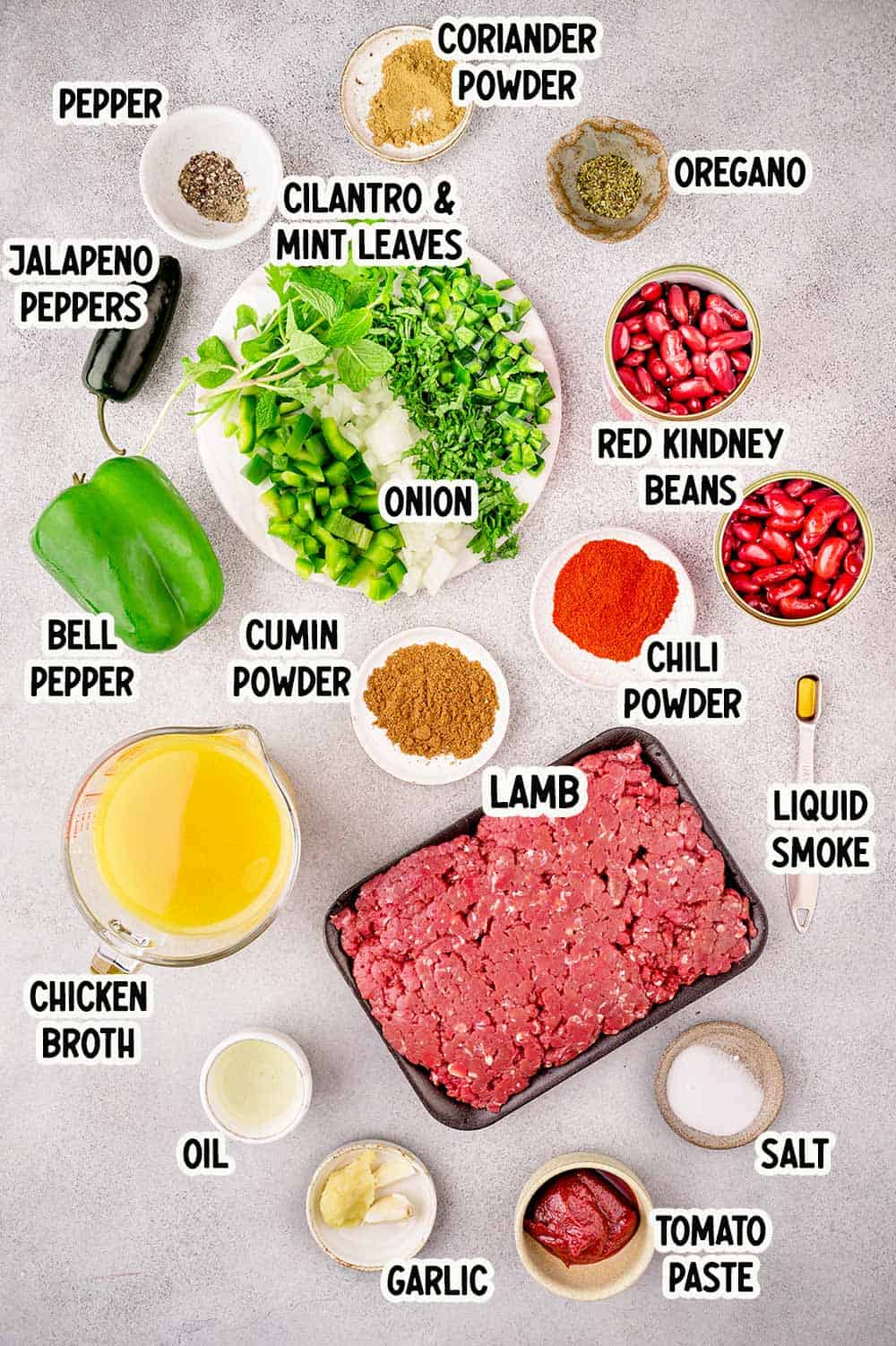 Ingredients to make lamb chili from scratch.
