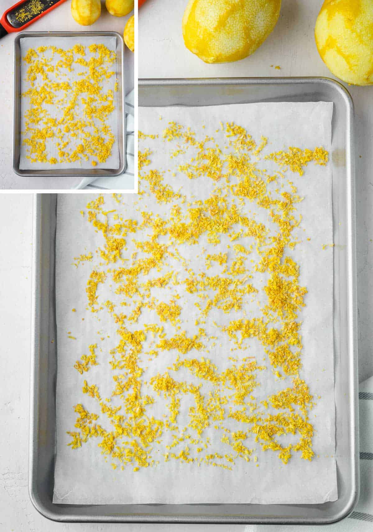 An image of a baking sheet lined with parchment paper, with a layer of freshly grated lemon zest spread out evenly in a single layer on top of it, ready to be placed into the oven.