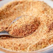 Homemade hello fresh fry seasoning in a small bowl with a spice spoon.