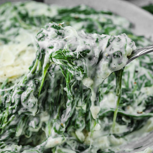 Steakhouse creamed spinach, a rich and creamy side dish, being lifted with a fork.