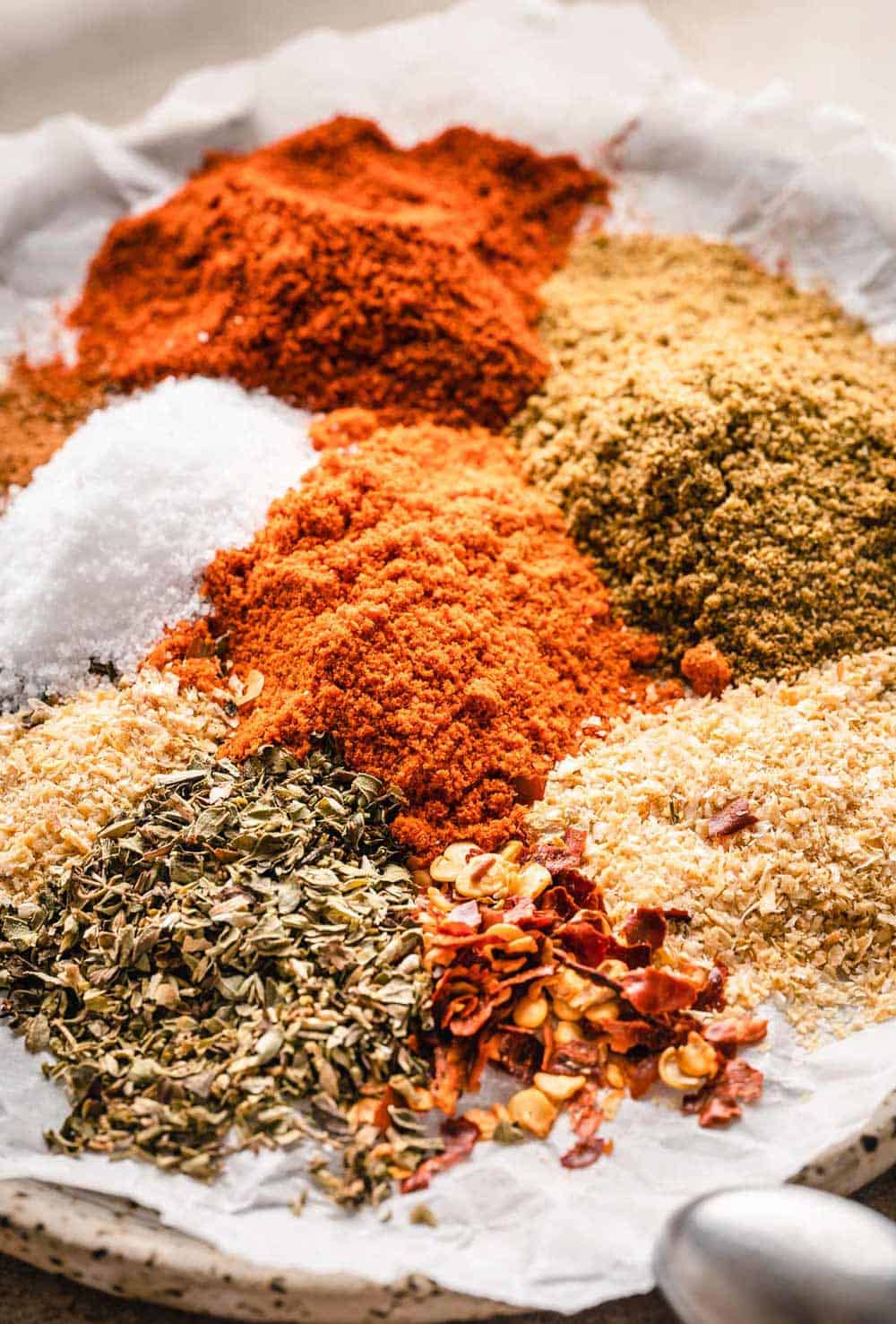 The spices for Tex Mex seasoning are neatly arranged and ready to be mixed.