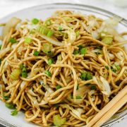 Panda Express Chow Mein bowl with chopsticks ready to enjoy.