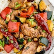 An overhead view of a bowl filled with Copycat Panda Express Kung Pao Chicken.