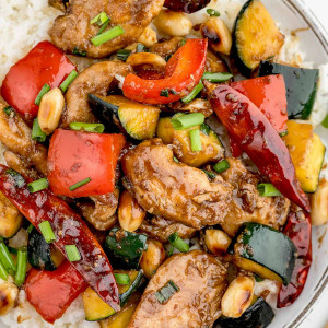 An overhead view of a bowl filled with Copycat Panda Express Kung Pao Chicken.