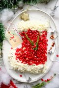 A festive Christmas Chicken Salad arranged in the shape of a stocking on a white plate. The salad features diced chicken, pecans, celery, mozzarella cheese, green onions, and pomegranate arils, and mayo dressing.