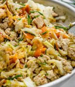 Close-up view of Ground Turkey Egg Roll in a Bowl in a skillet. A mouthwatering mixture of ground turkey, vibrant veggies, and flavorful seasonings.