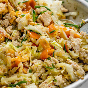 Close-up view of Ground Turkey Egg Roll in a Bowl in a skillet. A mouthwatering mixture of ground turkey, vibrant veggies, and flavorful seasonings.