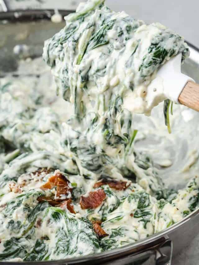 Bacon Boursin Creamed Spinach in skillet: A creamy spinach dish with crispy bacon and rich Boursin cheese.