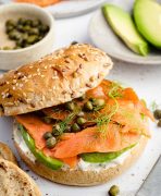 A close-up image of smoked salmon bagel.