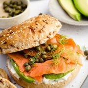 A close-up image of smoked salmon bagel.