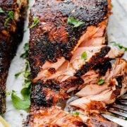 Flaky Sumac Blackened Salmon on the plate.