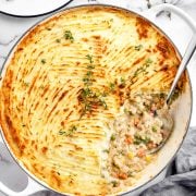 Ground Turkey Shepherd's Pie in a cast iron casserole dish.