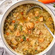 Hearty Leftover Turkey and Rice soup in a pot.