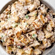Overhead view of a bowl filled with Jalapeno Popper Potato Salad.