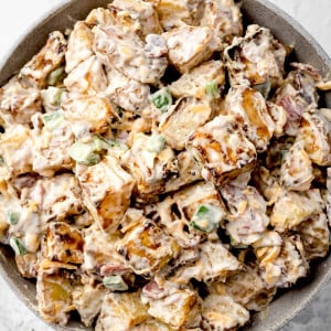 Overhead view of a bowl filled with Jalapeno Popper Potato Salad.