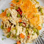 An overhead view of a plate served with chicken cobbler, showcasing the creamy chicken filling topped with golden-brown biscuits.