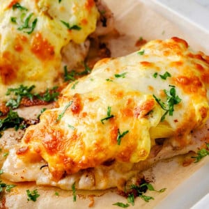 Close-up of Baked Pineapple Chicken on a baking sheet.