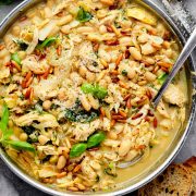 An overhead shot of a skillet filled with Chicken Pesto Beans.