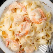 Overhead view of a plate of Shrimp Alfredo Fettuccine.